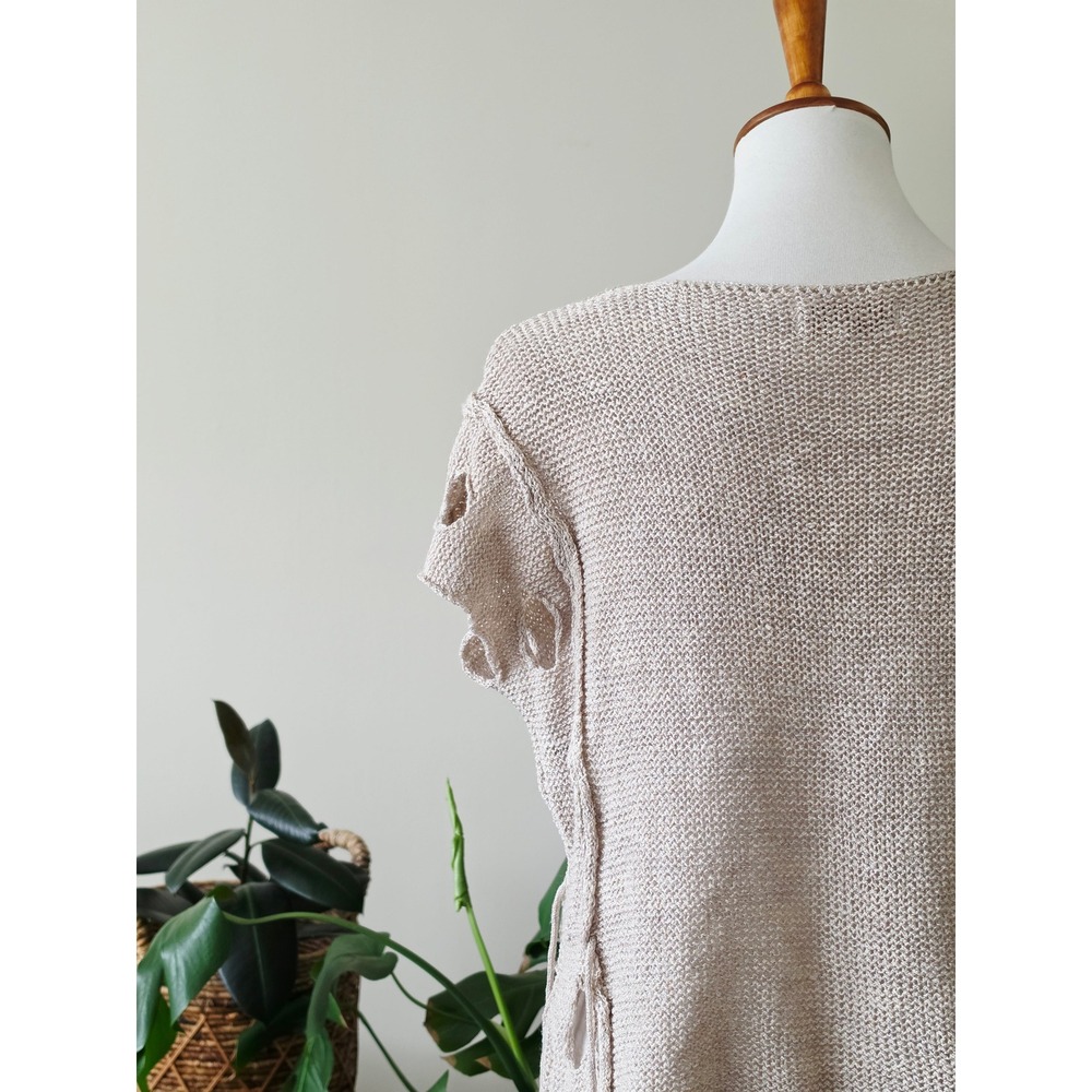 MARA GIBBUCCI Beige Lagenlook V-Neck Knit Top Side Tie Tassels Open Stitch M - Picture 7 of 16